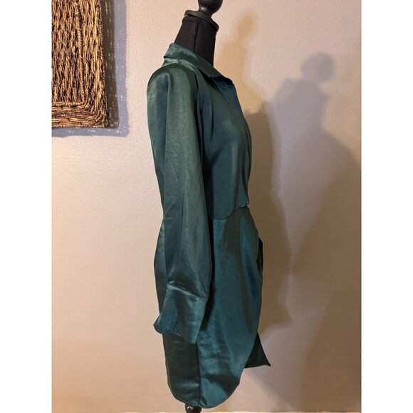 Aakaa Dress M Emerald Green Satin Long Sleeve Tie Front Cut Out NEW - Picture 7 of 15
